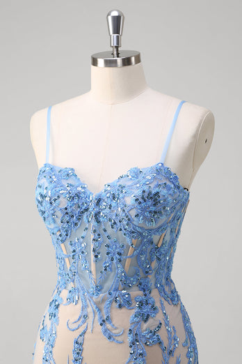 Blue Mermaid Corset Spaghetti Straps Long Prom Dress With Sequins