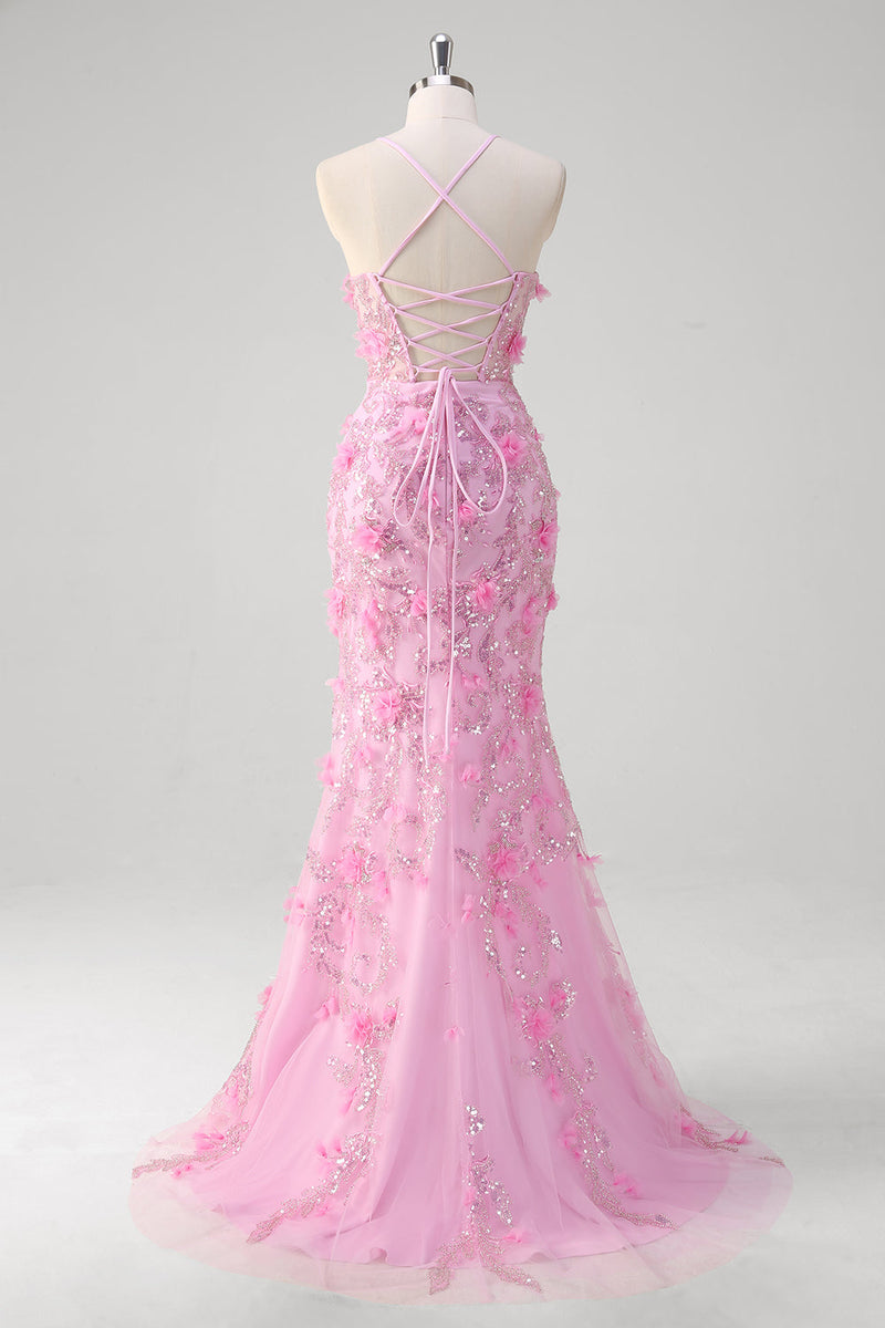 Load image into Gallery viewer, Pink Mermaid Spaghetti Straps Sequin Prom Dress With 3D Flowers