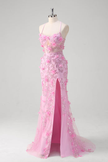 Pink Mermaid Spaghetti Straps Sequin Prom Dress With 3D Flowers