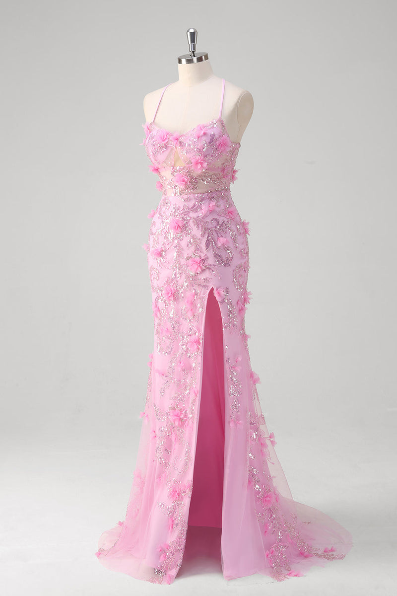 Load image into Gallery viewer, Pink Mermaid Spaghetti Straps Sequin Prom Dress With 3D Flowers