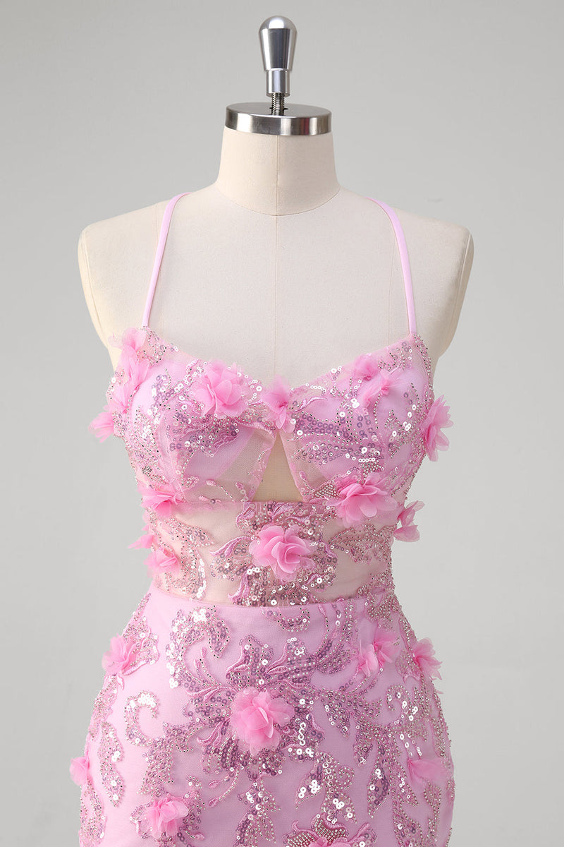 Load image into Gallery viewer, Pink Mermaid Spaghetti Straps Sequin Prom Dress With 3D Flowers