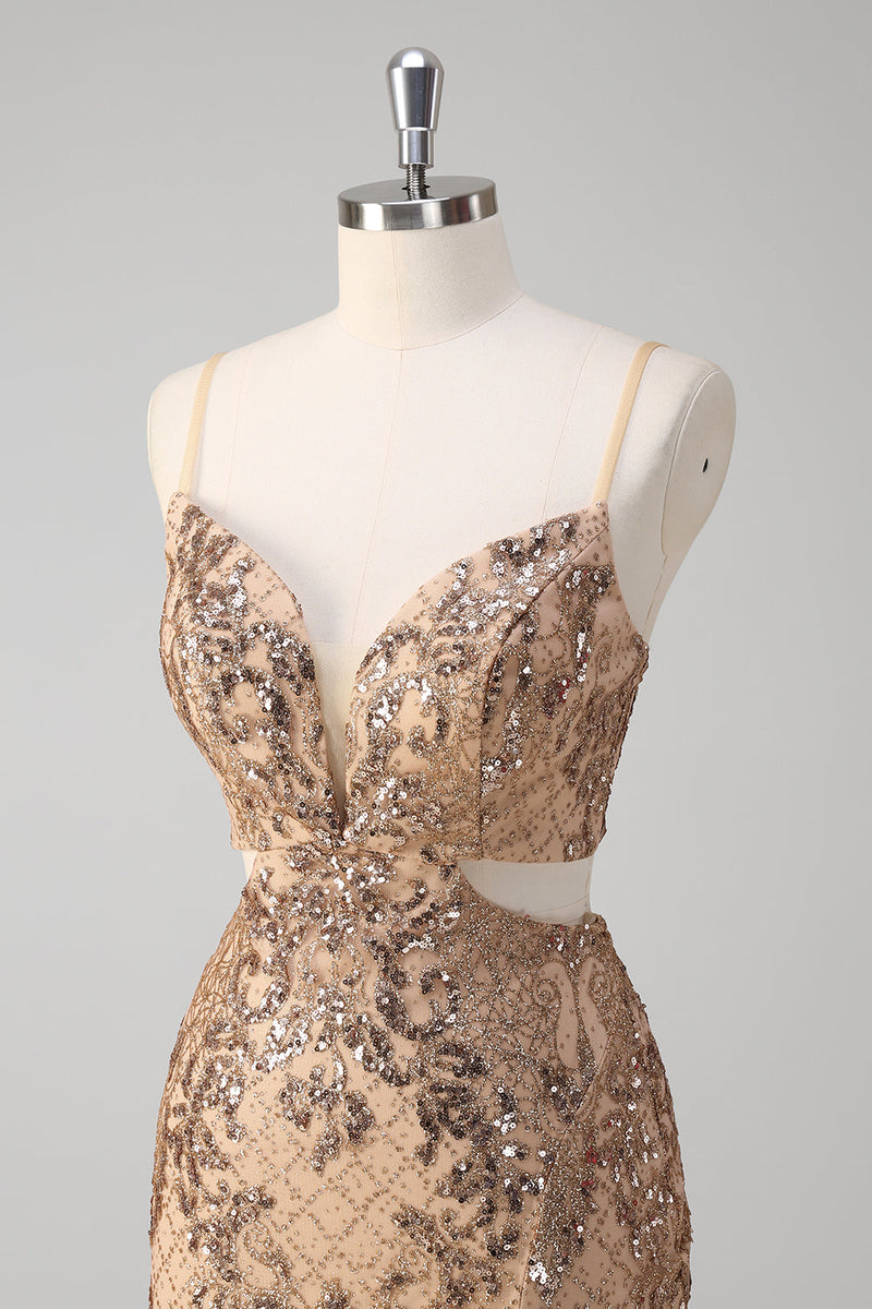 Load image into Gallery viewer, Champagne Mermaid Spaghetti Straps Sequin Hollow Out Prom Dress