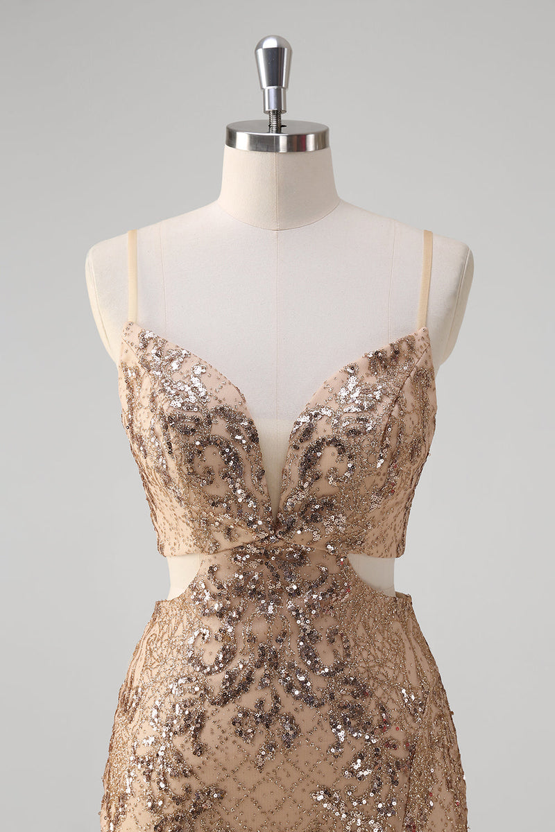 Load image into Gallery viewer, Champagne Mermaid Spaghetti Straps Sequin Hollow Out Prom Dress