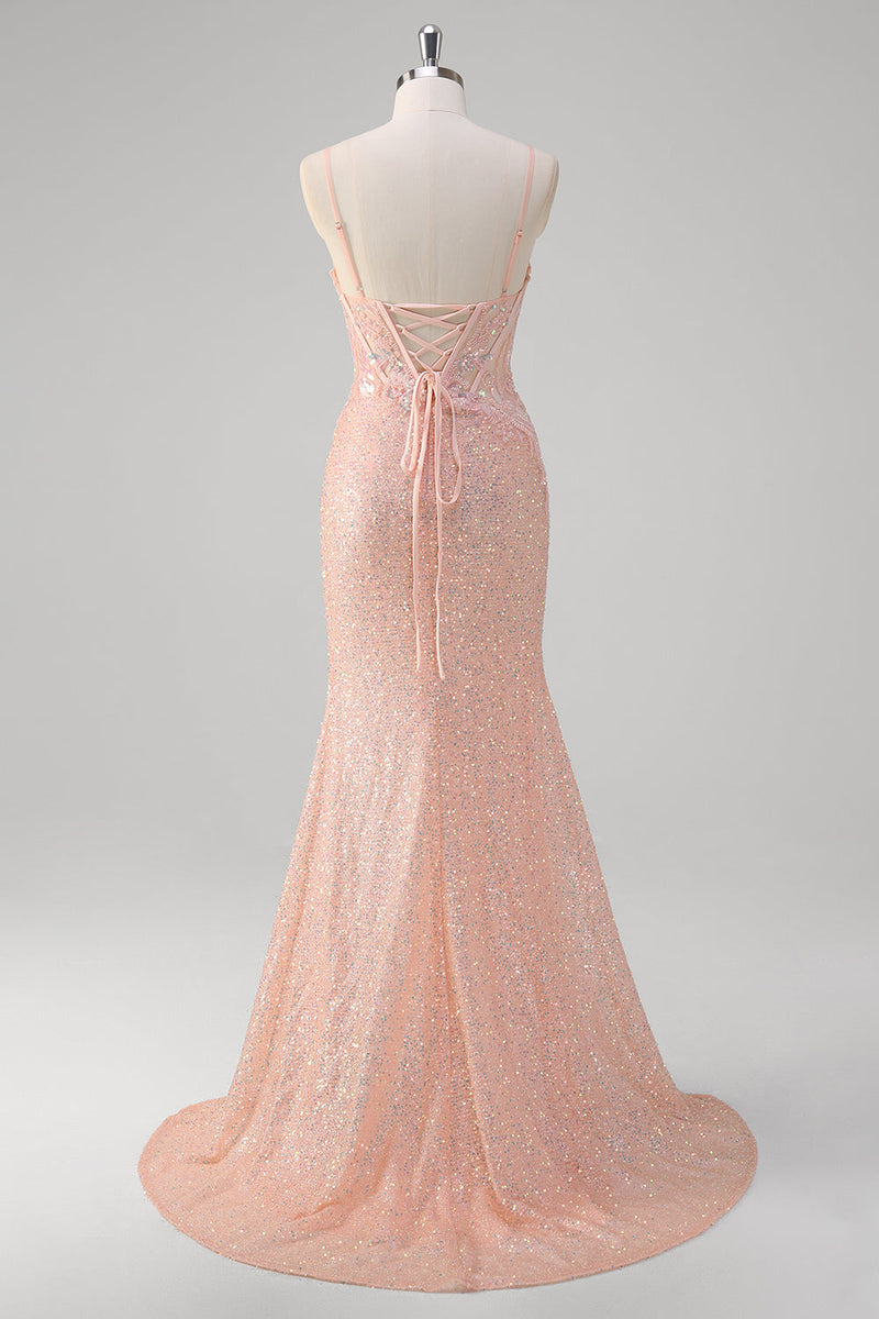 Load image into Gallery viewer, Blush Mermaid Spaghetti Straps Corset Sequined Long Prom Dress