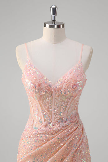 Blush Mermaid Spaghetti Straps Corset Sequined Long Prom Dress