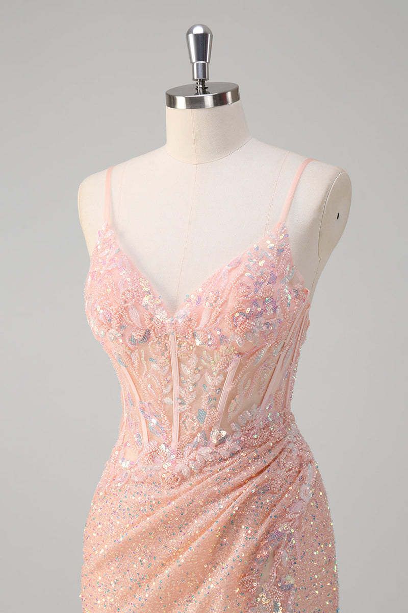 Load image into Gallery viewer, Blush Mermaid Spaghetti Straps Corset Sequined Long Prom Dress