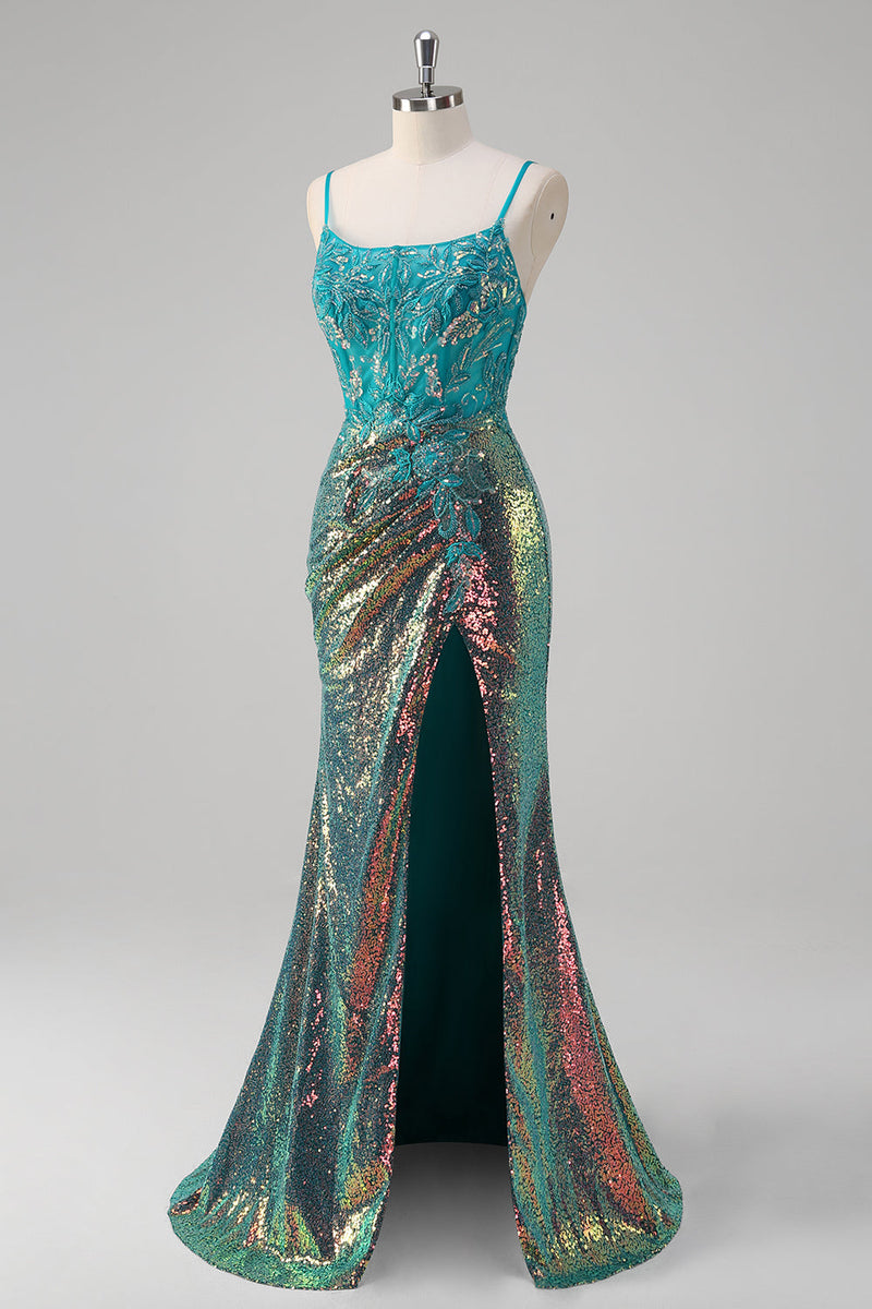 Load image into Gallery viewer, Peacock Green Mermaid Spaghetti Straps Corset Sequined Prom Dress