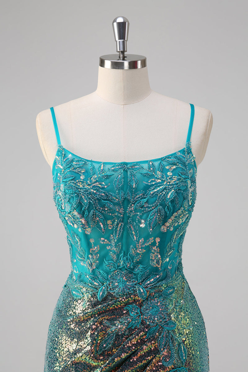 Load image into Gallery viewer, Peacock Green Mermaid Spaghetti Straps Corset Sequined Prom Dress