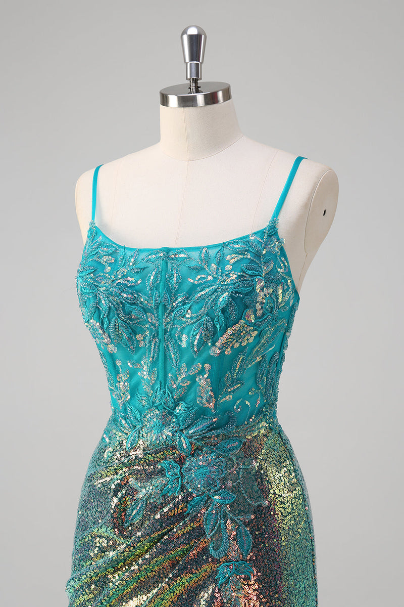 Load image into Gallery viewer, Peacock Green Mermaid Spaghetti Straps Corset Sequined Prom Dress