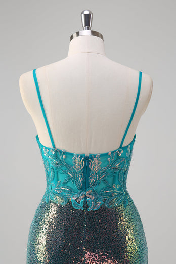 Peacock Green Mermaid Spaghetti Straps Corset Sequined Prom Dress