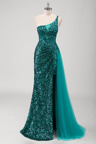 Peacock Green Mermaid One Shoulder Corset Sequins Long Prom Dress with Slit