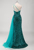 Load image into Gallery viewer, Peacock Green Mermaid One Shoulder Corset Sequins Long Prom Dress with Slit