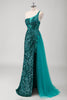 Load image into Gallery viewer, Peacock Green Mermaid One Shoulder Corset Sequins Long Prom Dress with Slit