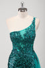 Load image into Gallery viewer, Peacock Green Mermaid One Shoulder Corset Sequins Long Prom Dress with Slit