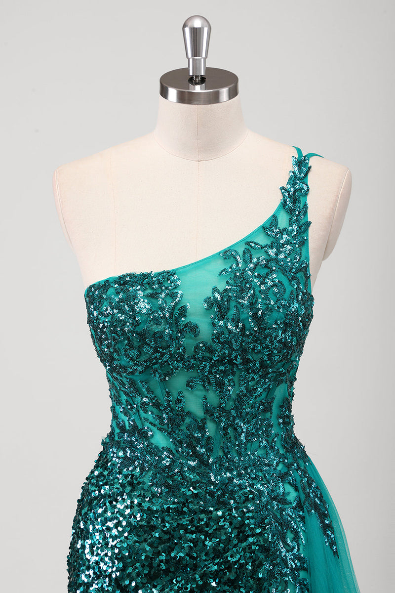 Load image into Gallery viewer, Peacock Green Mermaid One Shoulder Corset Sequins Long Prom Dress with Slit