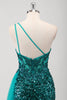 Load image into Gallery viewer, Peacock Green Mermaid One Shoulder Corset Sequins Long Prom Dress with Slit