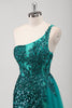 Load image into Gallery viewer, Peacock Green Mermaid One Shoulder Corset Sequins Long Prom Dress with Slit