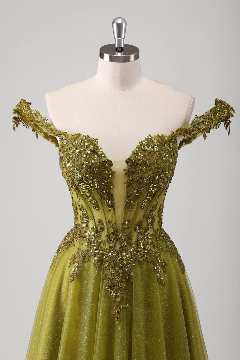 Load image into Gallery viewer, Olive A Line Off The Shoulder Corset Long Prom Dress