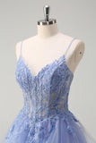 Dusty Blue A Line Spaghetti Straps Corset Spiral Ruffles Long Prom Dress