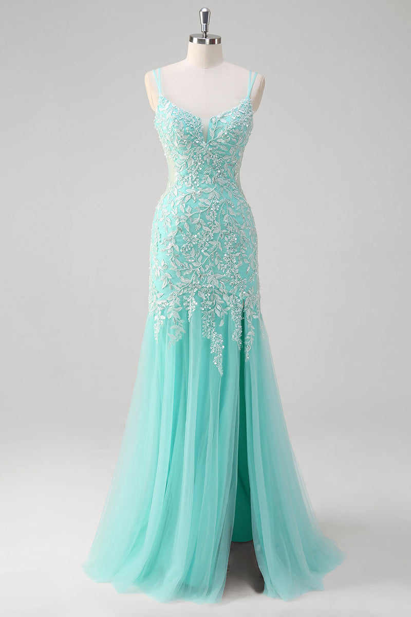 Load image into Gallery viewer, Sparkly Mint Mermaid Lace Long Prom Dress with Slit