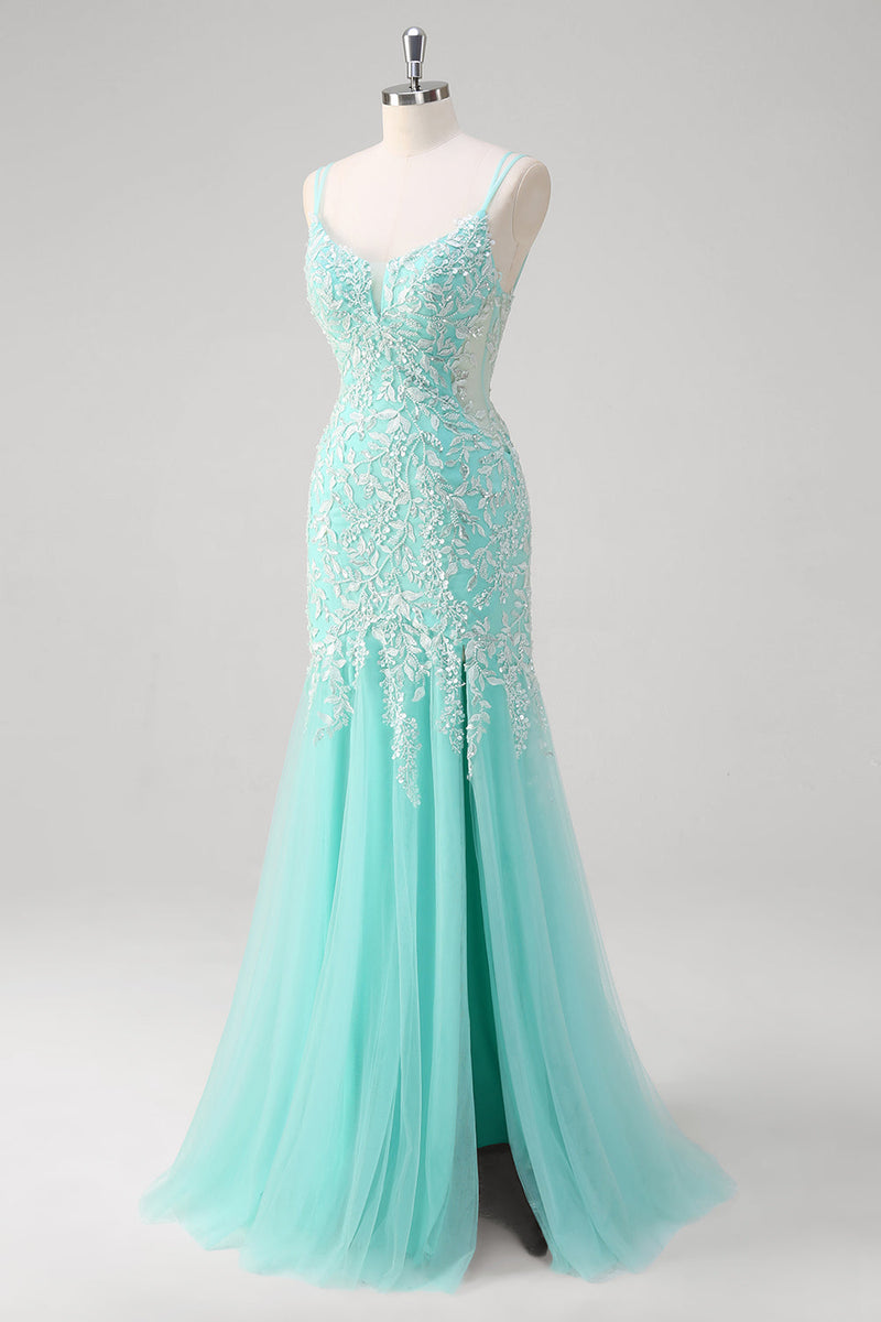 Load image into Gallery viewer, Sparkly Mint Mermaid Lace Long Prom Dress with Slit