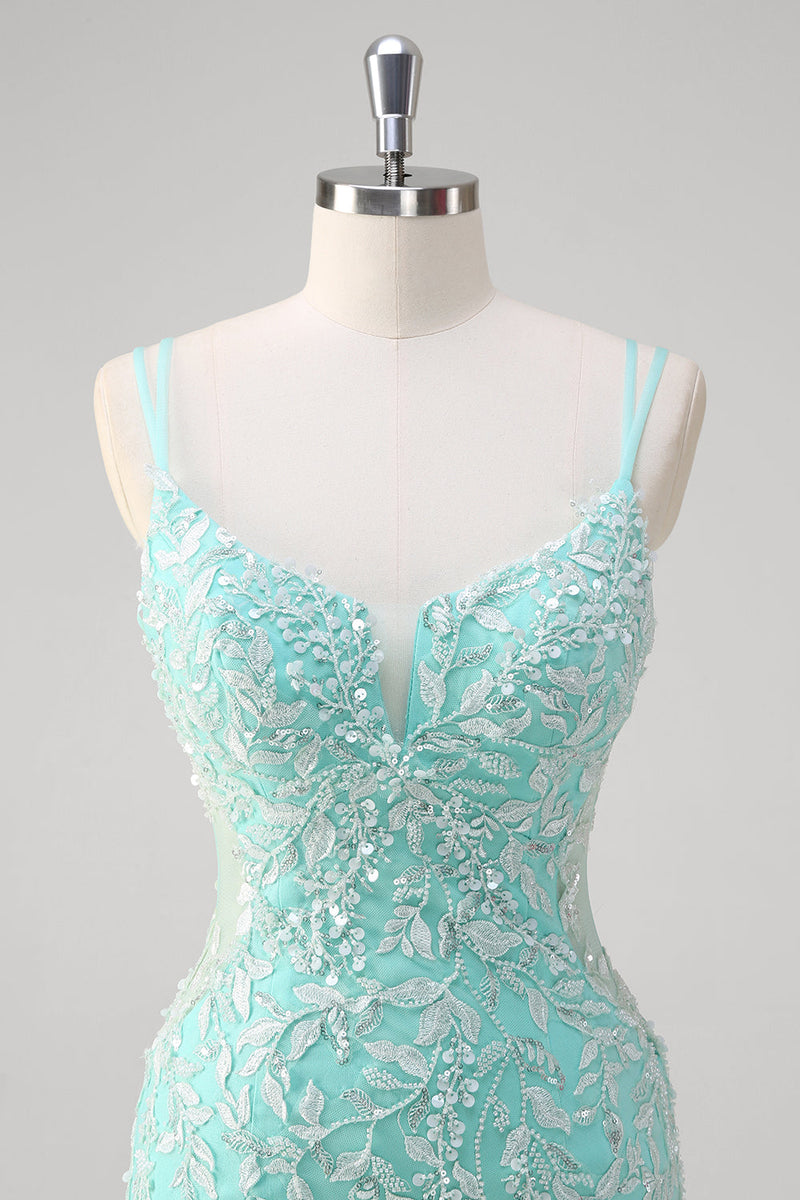 Load image into Gallery viewer, Sparkly Mint Mermaid Lace Long Prom Dress with Slit