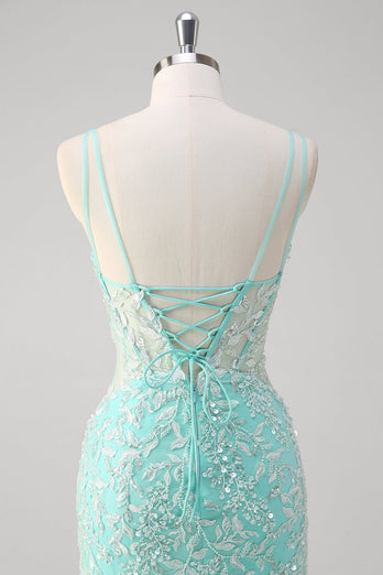 Sparkly Mint Mermaid Lace Long Prom Dress with Slit