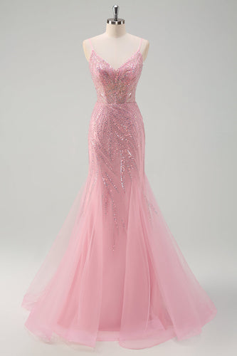 Sparkly Pink Mermaid Spaghetti Straps Sequins Long Corset Prom Dress