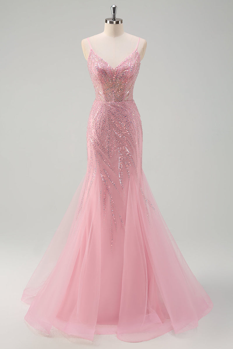 Load image into Gallery viewer, Sparkly Pink Mermaid Spaghetti Straps Sequins Long Corset Prom Dress