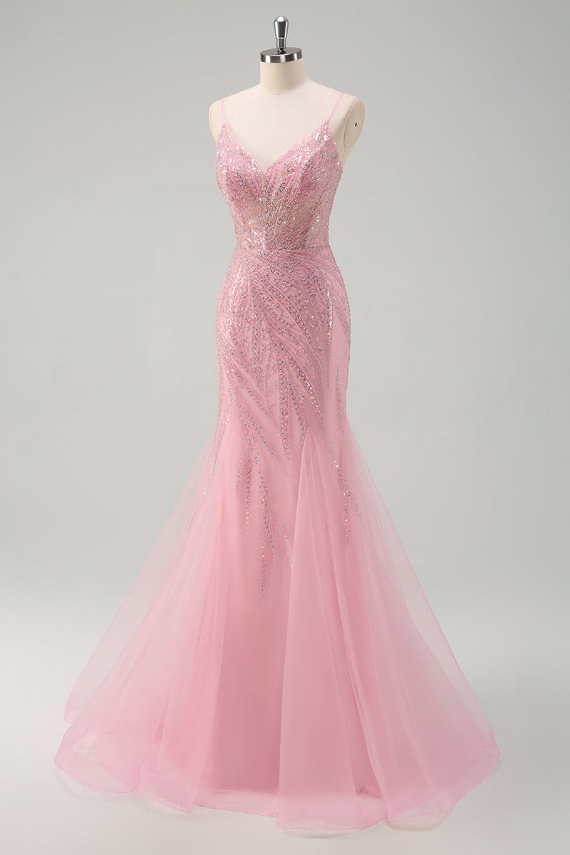 Load image into Gallery viewer, Sparkly Pink Mermaid Spaghetti Straps Sequins Long Corset Prom Dress