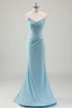 Load image into Gallery viewer, Blue Mermaid Spaghetti Straps Satin Long Corset Prom Dress with Beading