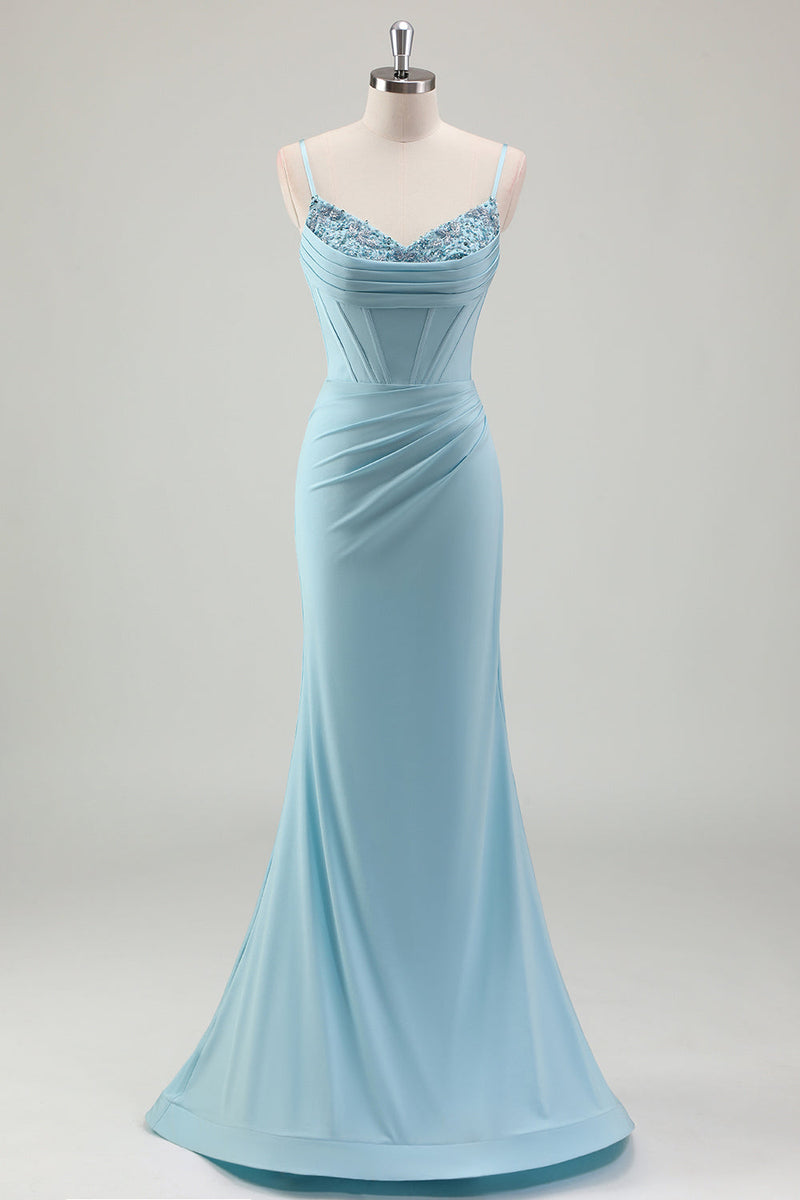 Load image into Gallery viewer, Blue Mermaid Spaghetti Straps Satin Long Corset Prom Dress with Beading