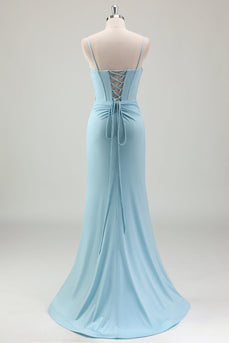 Blue Mermaid Spaghetti Straps Satin Long Corset Prom Dress with Beading