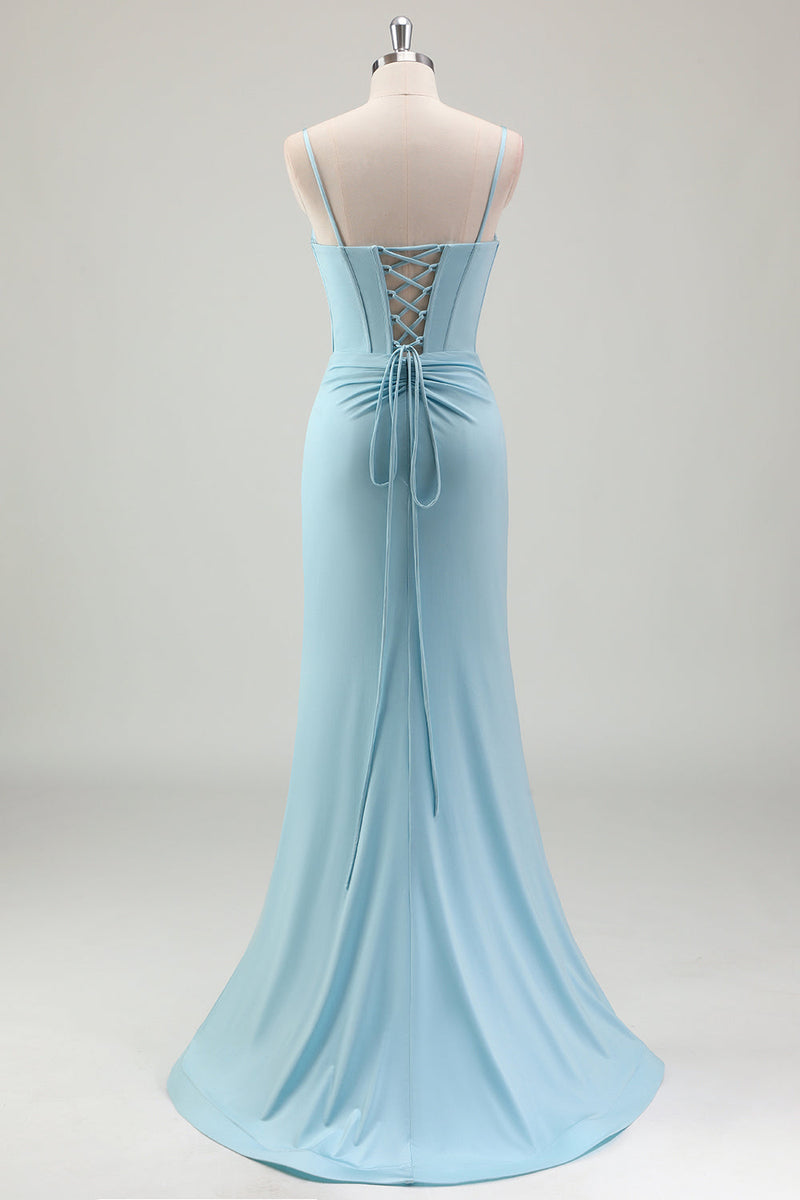 Load image into Gallery viewer, Blue Mermaid Spaghetti Straps Satin Long Corset Prom Dress with Beading