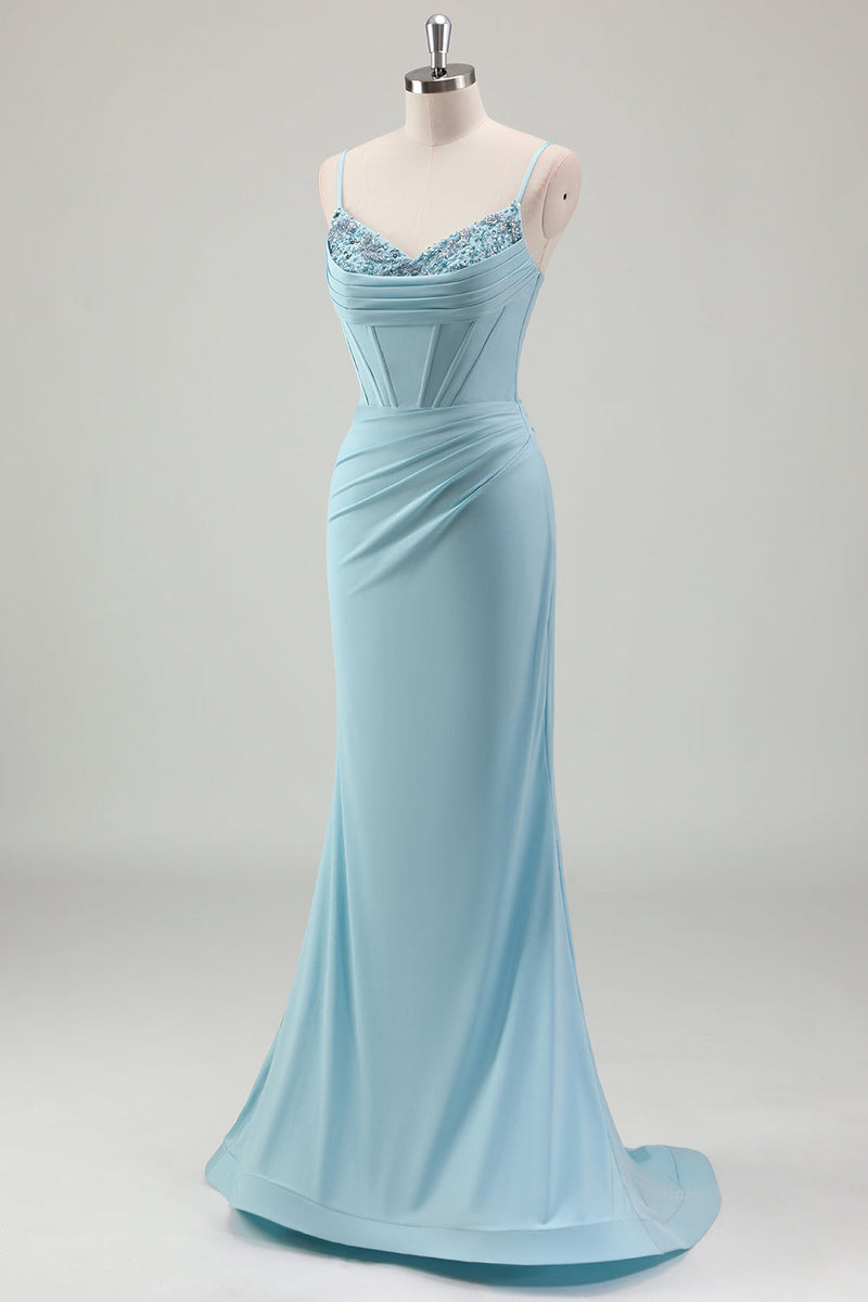 Load image into Gallery viewer, Blue Mermaid Spaghetti Straps Satin Long Corset Prom Dress with Beading