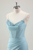 Load image into Gallery viewer, Blue Mermaid Spaghetti Straps Satin Long Corset Prom Dress with Beading