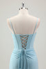 Load image into Gallery viewer, Blue Mermaid Spaghetti Straps Satin Long Corset Prom Dress with Beading