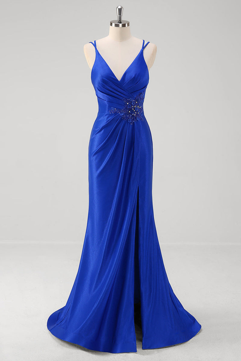 Load image into Gallery viewer, Sparkly Royal Blue Mermaid Spaghetti Straps Long Prom Dress With Slit