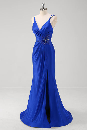 Sparkly Royal Blue Mermaid Spaghetti Straps Long Prom Dress With Slit