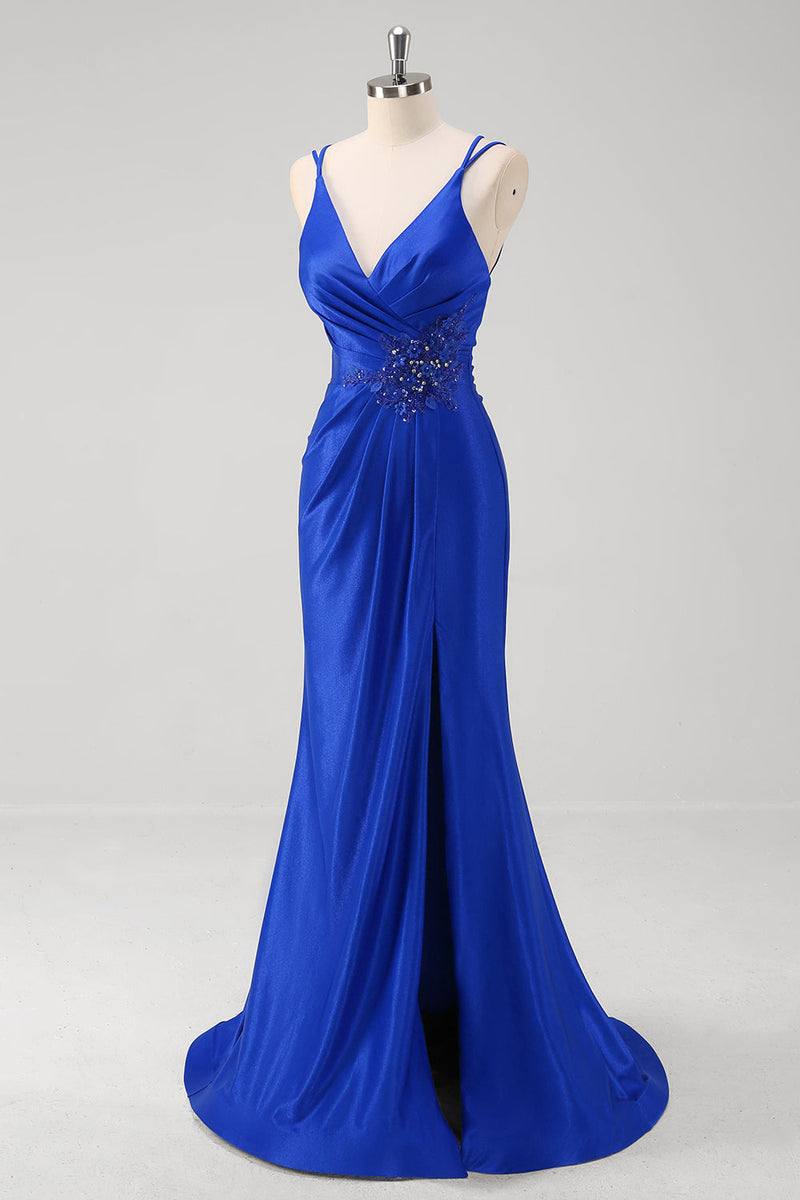 Load image into Gallery viewer, Sparkly Royal Blue Mermaid Spaghetti Straps Long Prom Dress With Slit