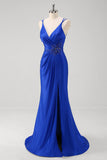 Sparkly Royal Blue Mermaid Spaghetti Straps Long Prom Dress With Slit