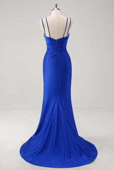 Sparkly Royal Blue Mermaid Spaghetti Straps Long Prom Dress With Slit