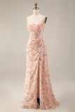 Dusty Sage Floral Corset Ruched Long Prom Dress with Slit