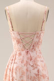 Dusty Sage Floral Corset Ruched Long Prom Dress with Slit