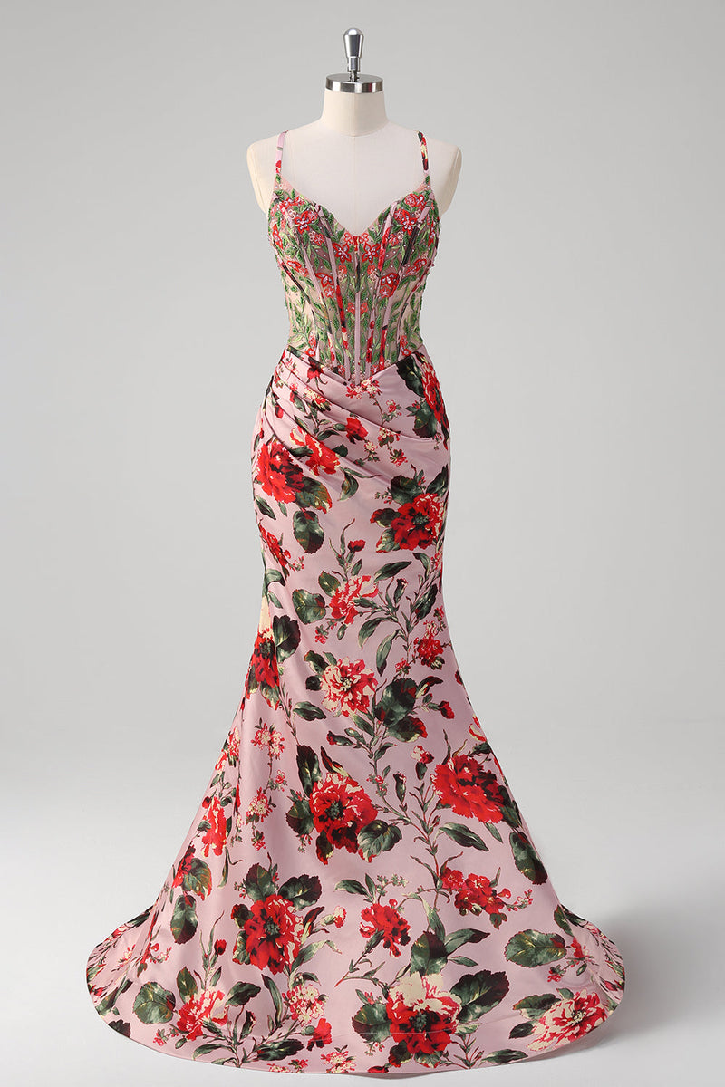 Load image into Gallery viewer, Blush Mermaid Spaghetti Straps Corset Floral Prom Dress