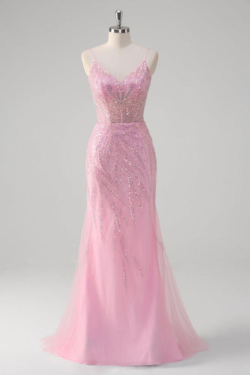 Load image into Gallery viewer, Pink Mermaid Spaghetti Straps Sequin Corset Long Prom Dress