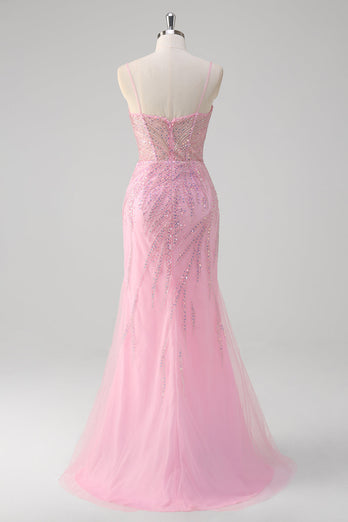 Pink Mermaid Spaghetti Straps Sequin Corset Long Prom Dress