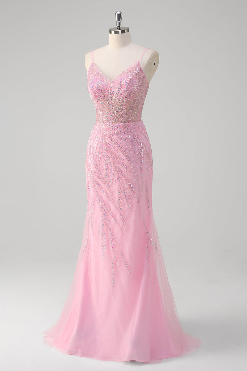 Load image into Gallery viewer, Pink Mermaid Spaghetti Straps Sequin Corset Long Prom Dress