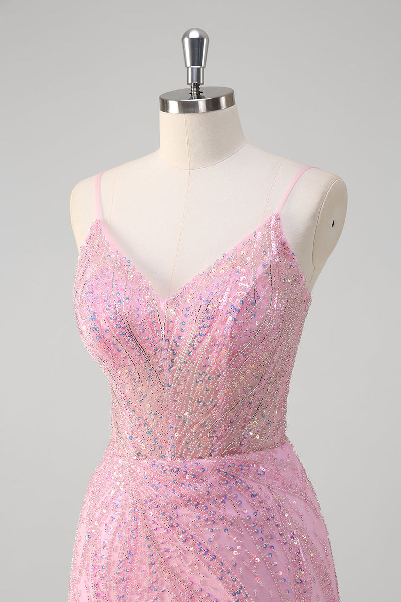 Load image into Gallery viewer, Pink Mermaid Spaghetti Straps Sequin Corset Long Prom Dress