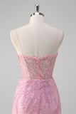 Pink Mermaid Spaghetti Straps Sequin Corset Long Prom Dress